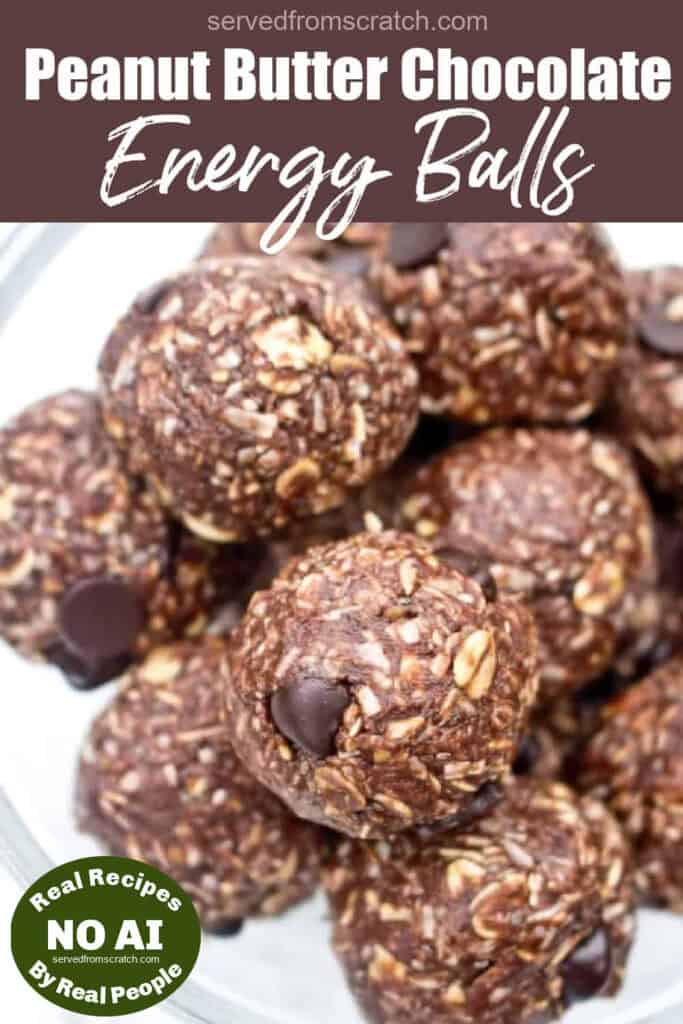 a close up of chocolate peanut butter oat balls with Pinterest pin text with NO AI sticker.
