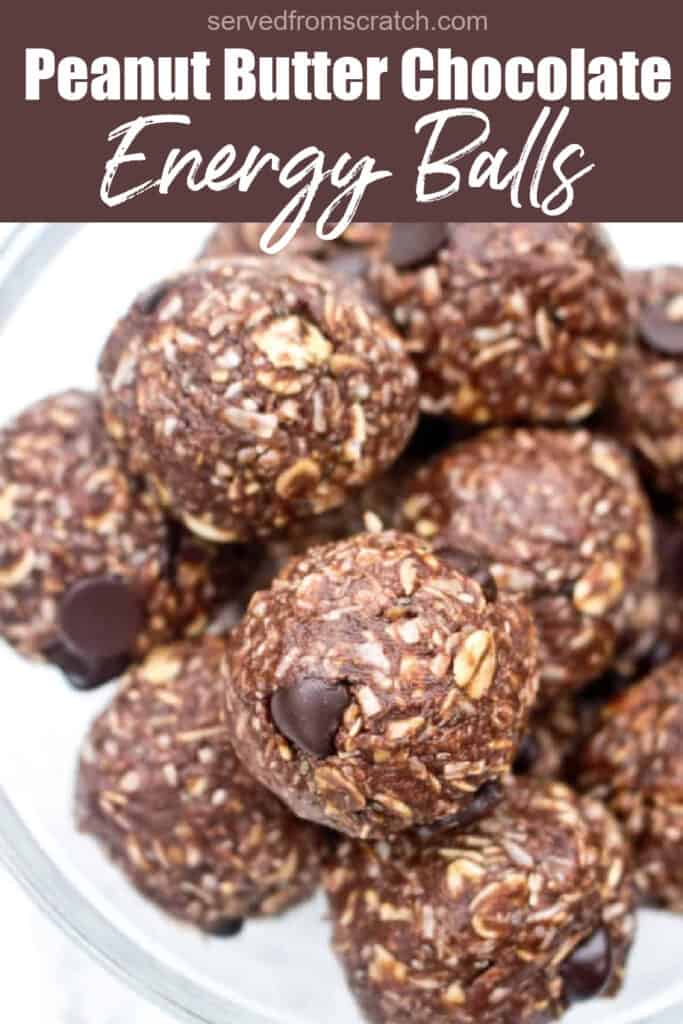 a close up of chocolate peanut butter oat balls with Pinterest pin text.