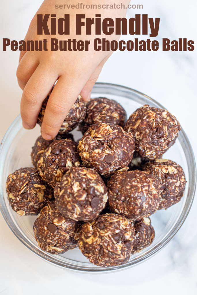 kids hand grabbing a peanut butter energy ball and pinterest text.