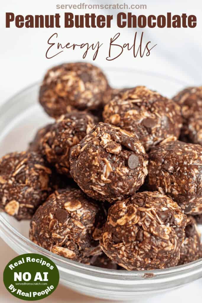 a close up of chocolate peanut butter oat balls with Pinterest pin text with NO AI sticker.
