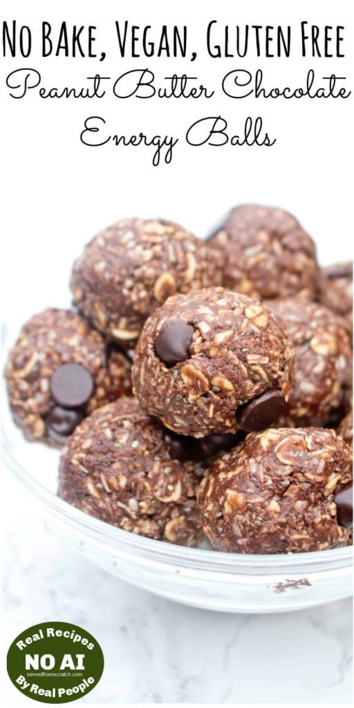 a close up of chocolate peanut butter oat balls with Pinterest pin text with NO AI sticker.