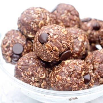 chocolate peanut butter energy balls in a bowl.