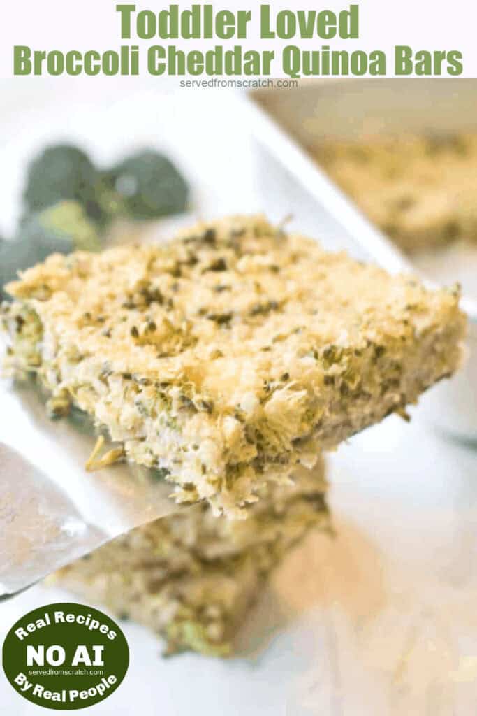 a spatula holding a bar of broccoli quinoa bars with Pinterest pin text and NO AI sticker.