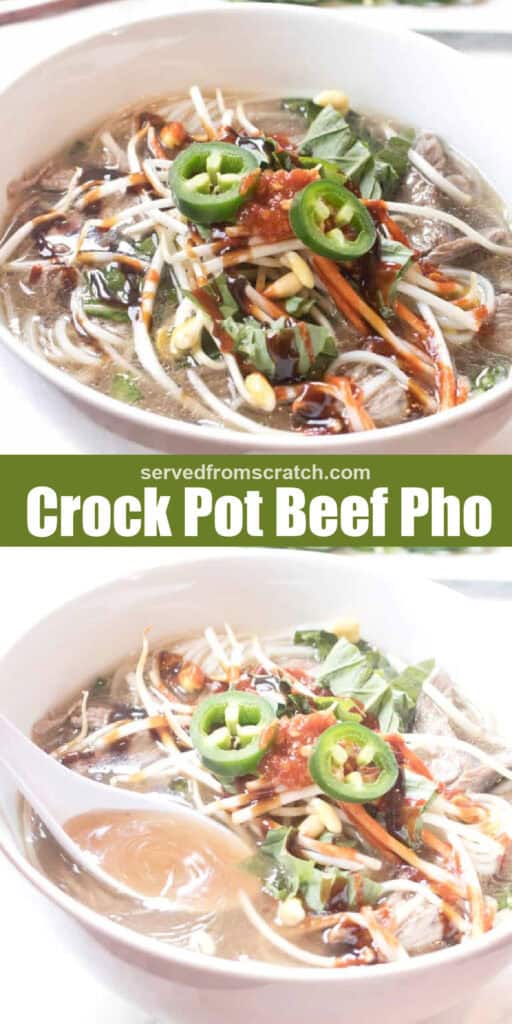 a bowl of beef pho with Pinterest pin text and the bowl with a spoon.