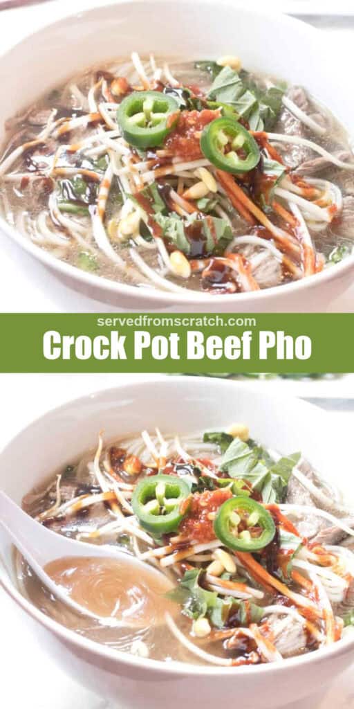 a bowl of beef pho with sliced jalapenos, Pinterest pin text, and then the bowl with a spoon with broth.