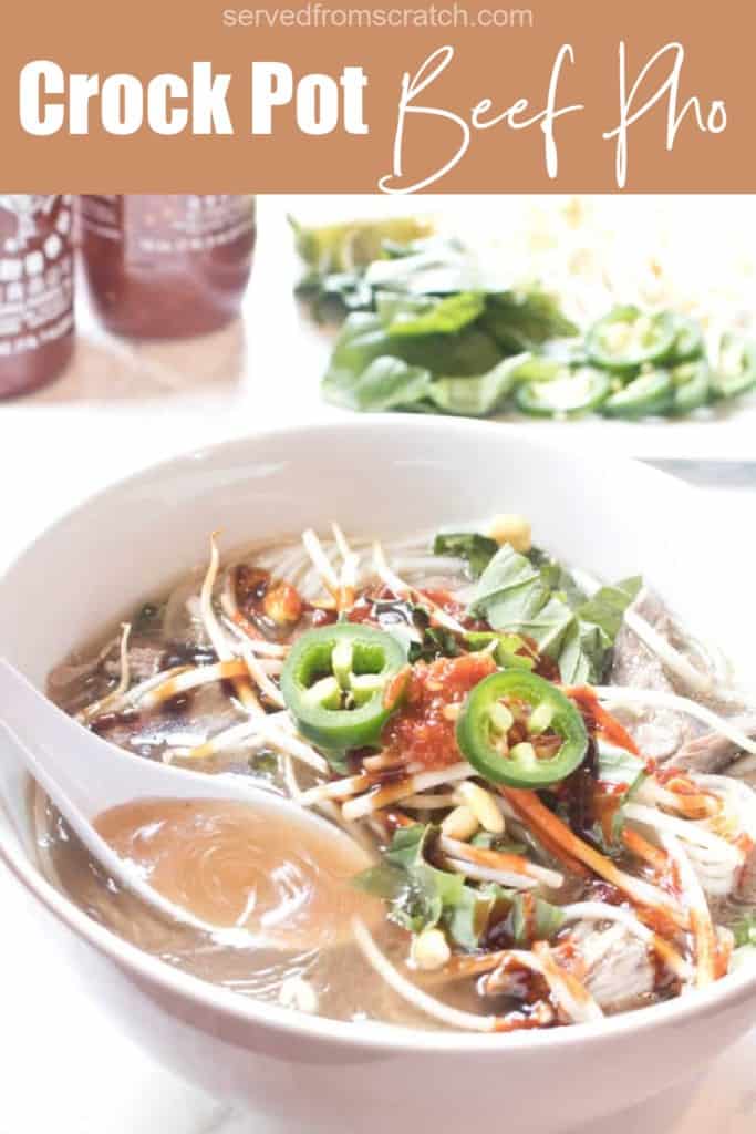 a bowl of beef pho and a spoon ladling broth with Pinterest pin ext.