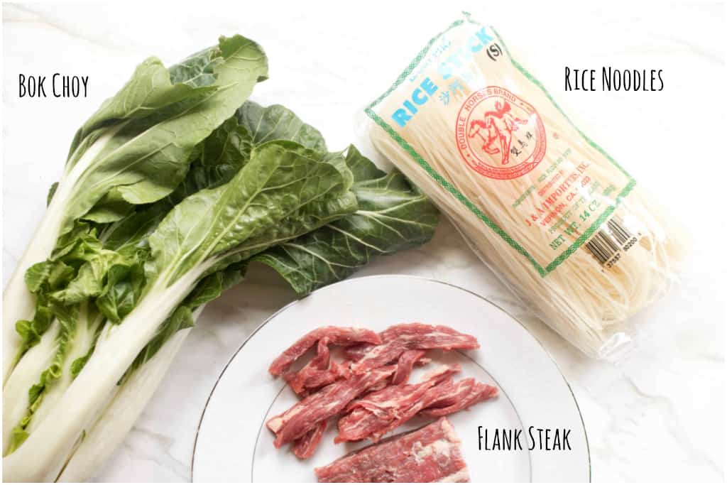 bok choy, raw beef, and rice noodles 