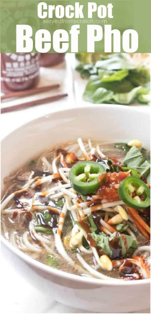 bowl of beef pho with Pinterest Pin Text.