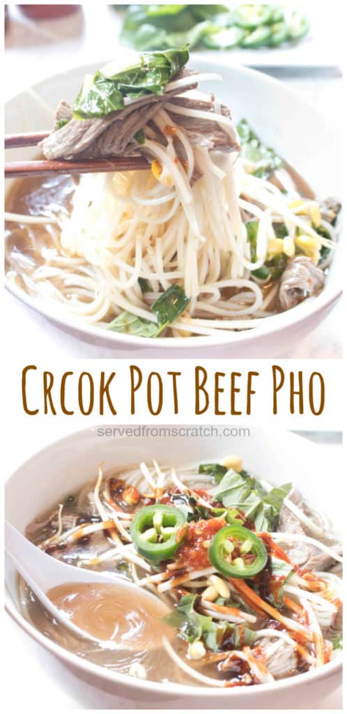 bowls of beef pho with noodles being held up with chop sticks and Pinterest pin text.
