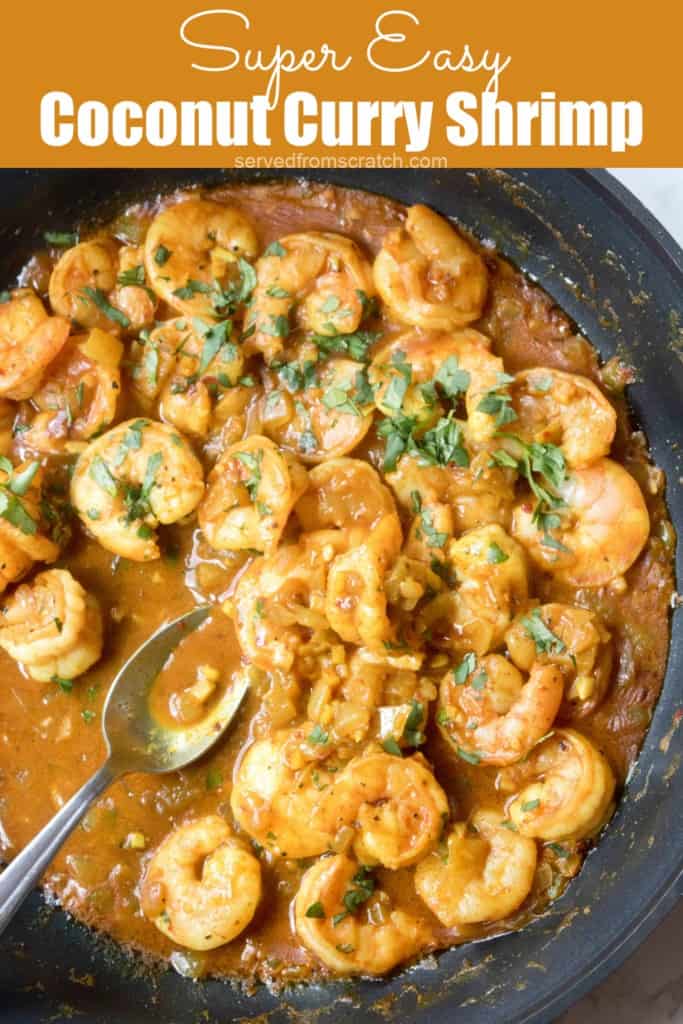 cooked shrimp in curry with a spoon.