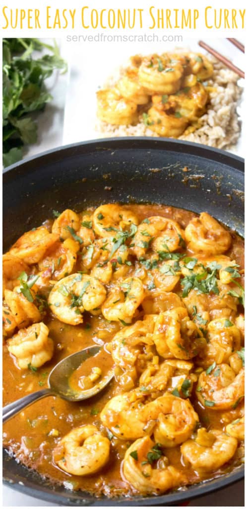 a pan of shrimp curry with Pinterest pin text.
