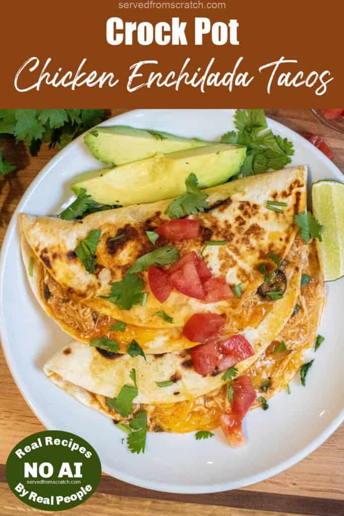 an overhead of tacos covered with cilantro and tomatoes on a plate with sliced avocado with Pinterest pin text with NO AI sticker.