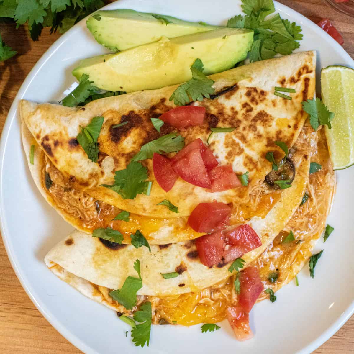 an overhead of tacos covered with cilantro and tomatoes on a plate with sliced avocado.