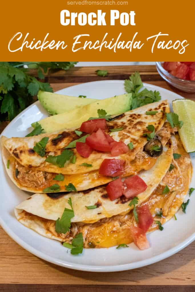 an overhead of tacos covered with cilantro and tomatoes on a plate with sliced avocado with Pinterest pin text.