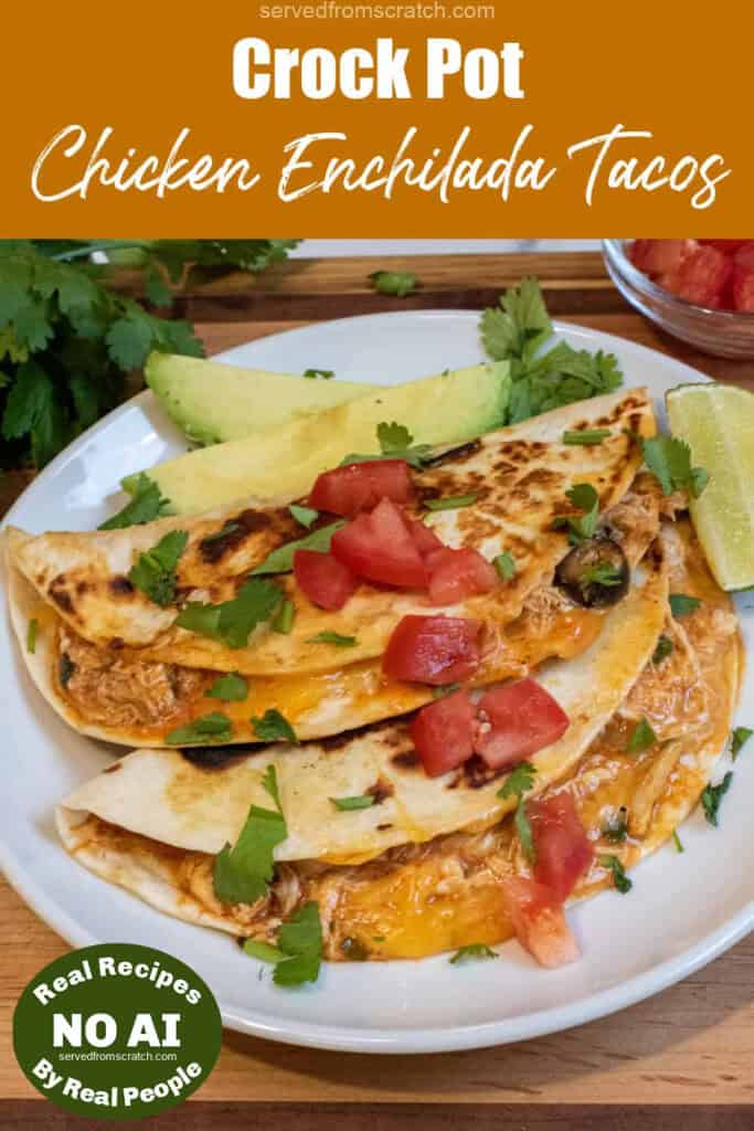 an overhead of tacos covered with cilantro and tomatoes on a plate with sliced avocado with Pinterest pin text with NO AI sticker.
