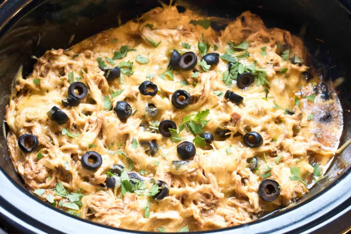 a crock pot with shredded chicken, sliced olives, fresh cilantro, and melted cheese.