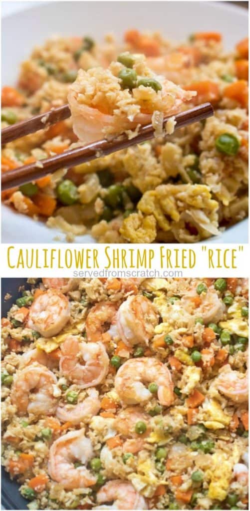 cauliflower rice with shrimp and chopsticks with Pinterest pin text.