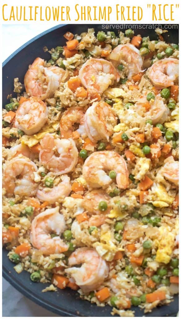 Watching your carbs? Then this Cauliflower Shrimp Fried “Rice” is the perfect, healthy, quick and easy meal that’ll satisfy that fried rice craving, without the rice! #cauliflowerfriedrice #recipe #easy #shrimp