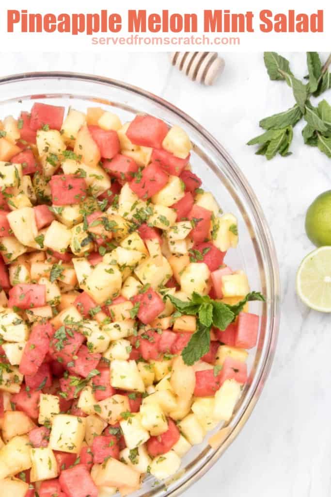 a bowl of pineapple, watermelon, and mint with Pinterest pin text.