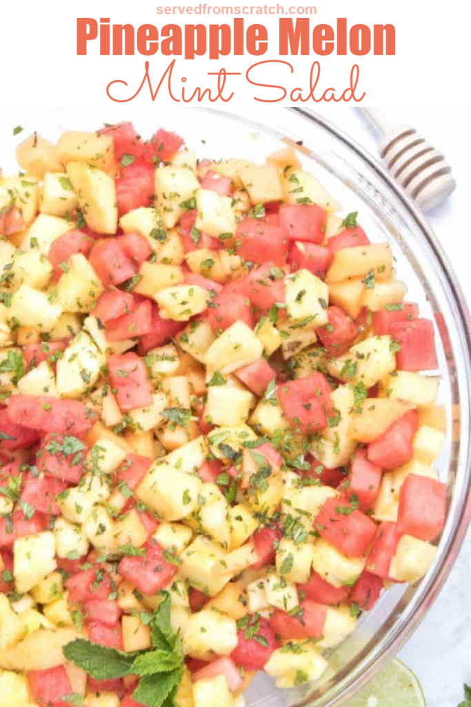 a bowl of pineapple, watermelon, and mint with Pinterest pin text.