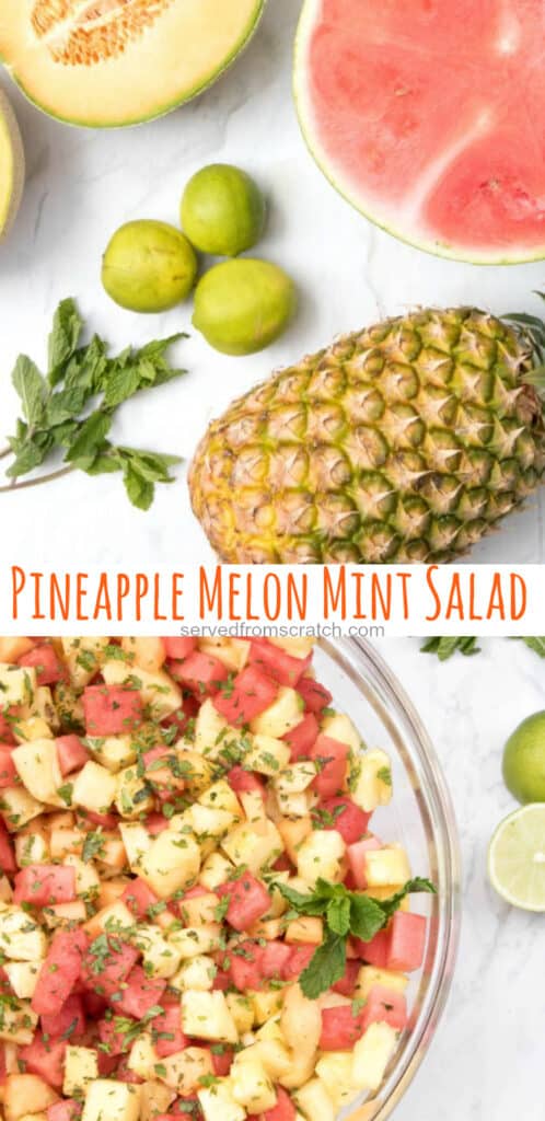fresh pineapple and melons, and a large bowl of cubed melons topped with mint.