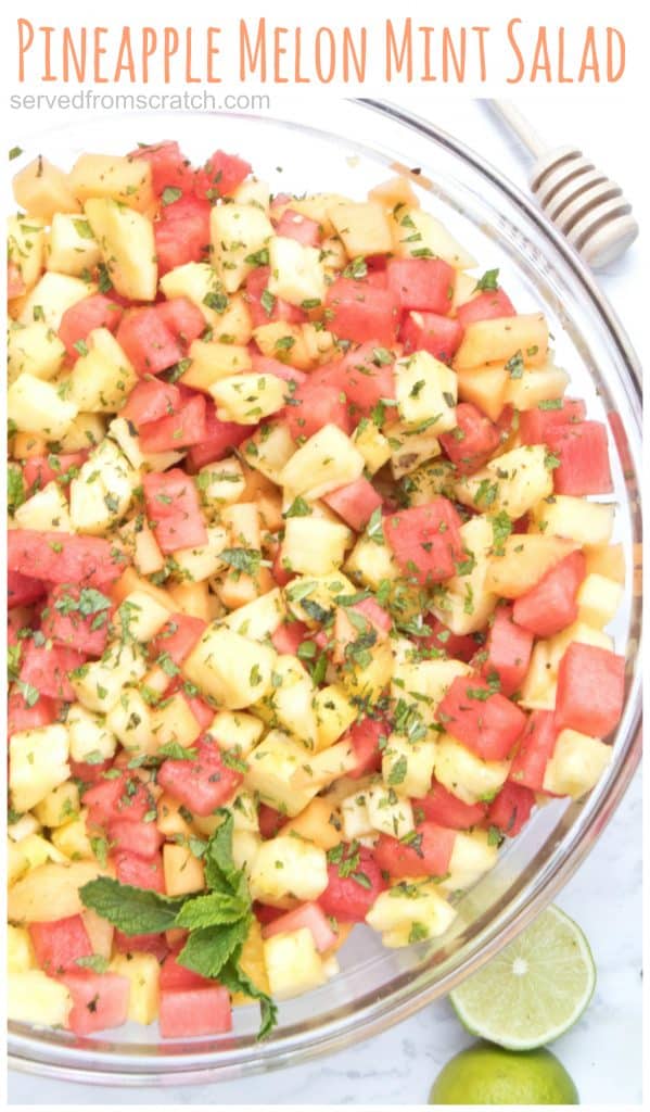 a bowl of pineapple, watermelon, and mint with Pinterest pin text.