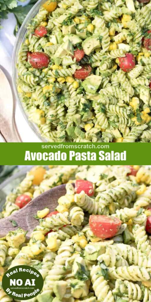 an overhead of a green pasta salad with tomatoes, corn, and avocados with Pinterest pin text and a picture of a wooden spoon in it with NO AI sticker.