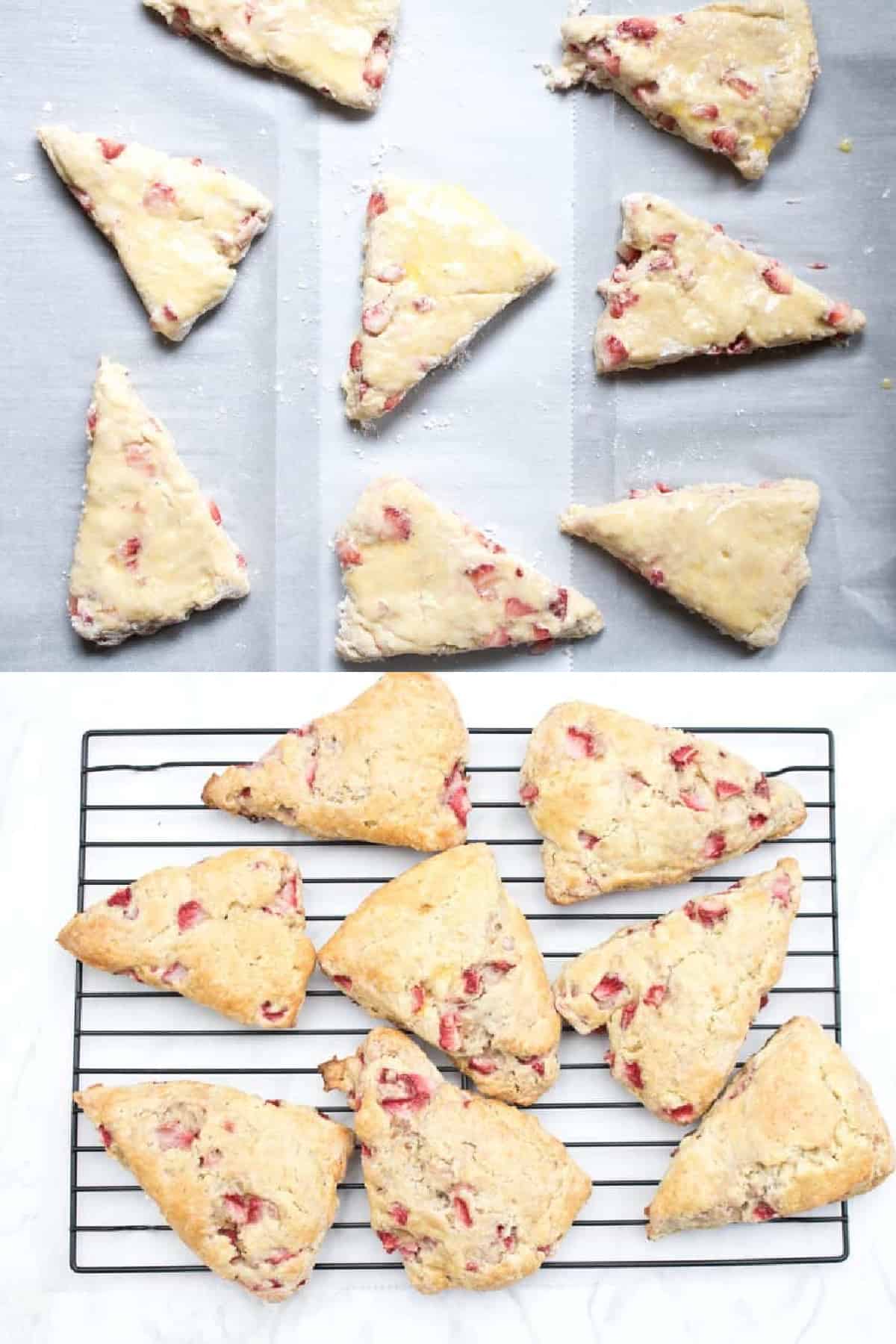 two pictures one of precut uncooked scones and then baked scones on cooling racks.