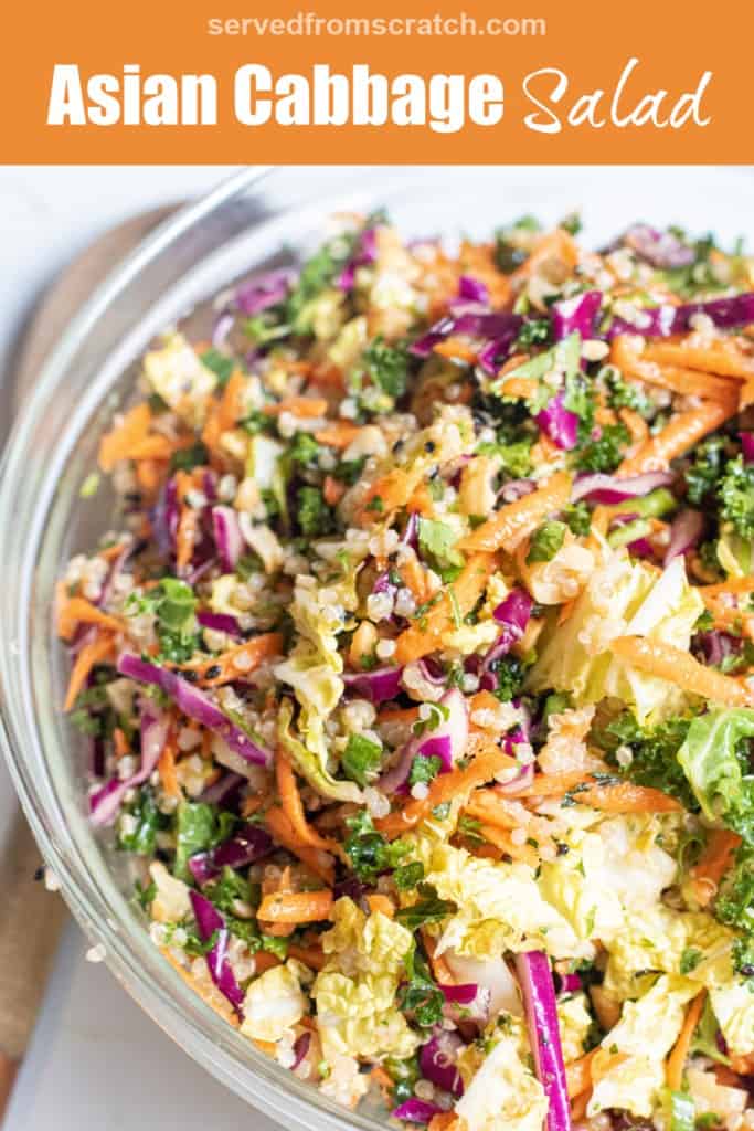 a bowl of cabbage slaw with Pinterest pin text.