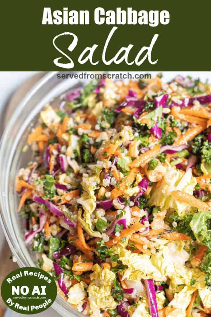 a bowl of cabbage slaw with Pinterest pin text and NO AI sticker.