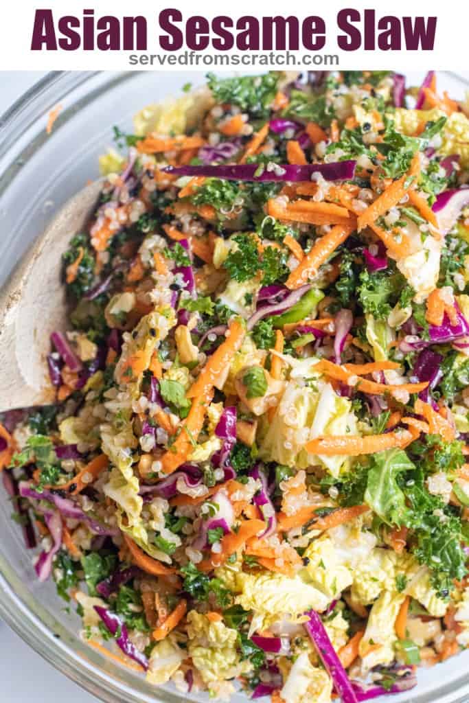 a bowl of cabbage slaw with Pinterest pin text.