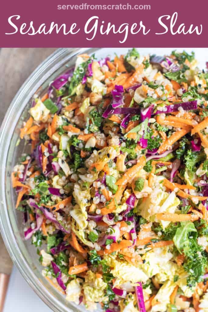 a bowl of slaw with quinoa and kale and Pinterest pin text.