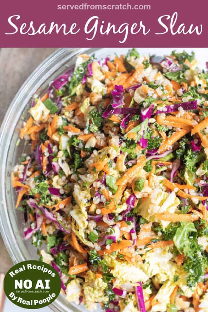 an overhead of a slaw with cabbage, carrot, and sesame seeds with Pinterest pin text and a NO AI sticker.