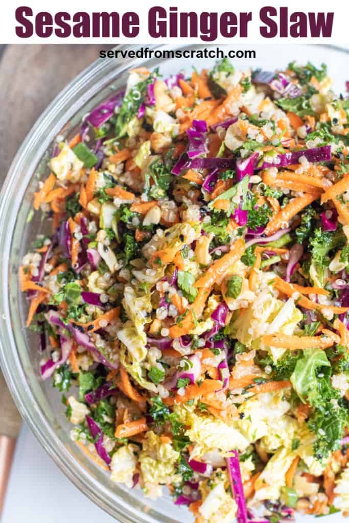 a bowl of cabbage slaw with Pinterest pin text.