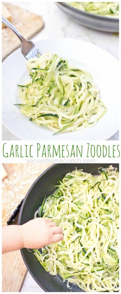 Swap out the pasta for fresh zucchini noodles and add garlic and Parmesan for Garlic Parmesan Zoodles, an easy and delicious side dish or light dinner that’s ready in less than 15 minutes! #zoodles #recipe #garlicparmesan #howtomake