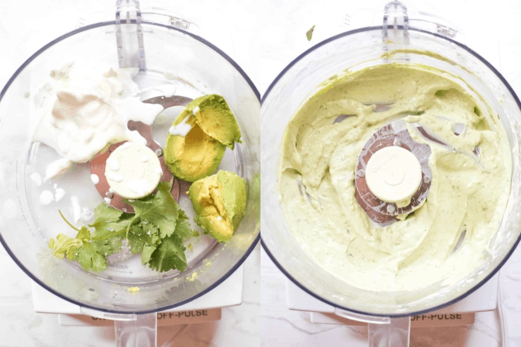 two food processors, one with avocado and cream and cilantro and then the other blended. 