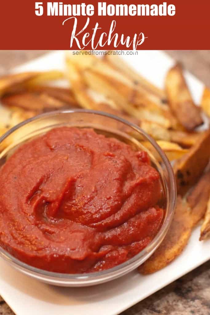 a bowl of ketchup on a plate of fries with Pinterest pin text.