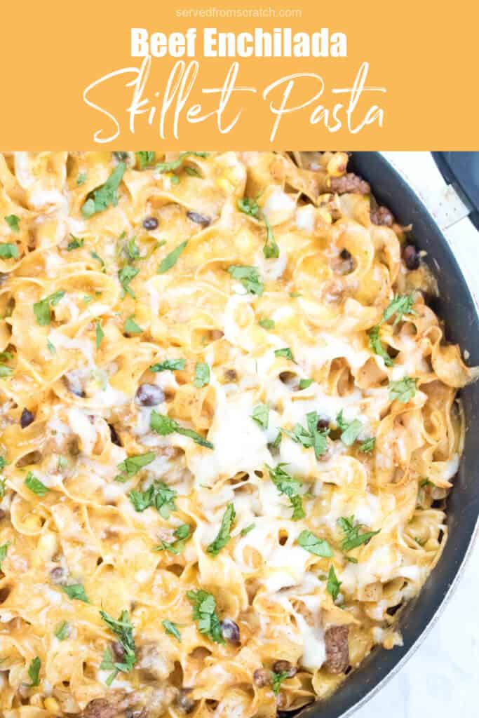 a pan of egg noodles covered in melted cheese with Pinterest pin text.