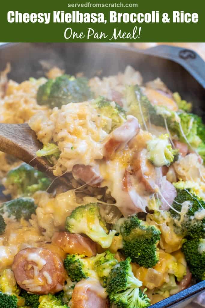 a pan with broccoli cheese, kielbasa, and rice and Pinterest pin text.