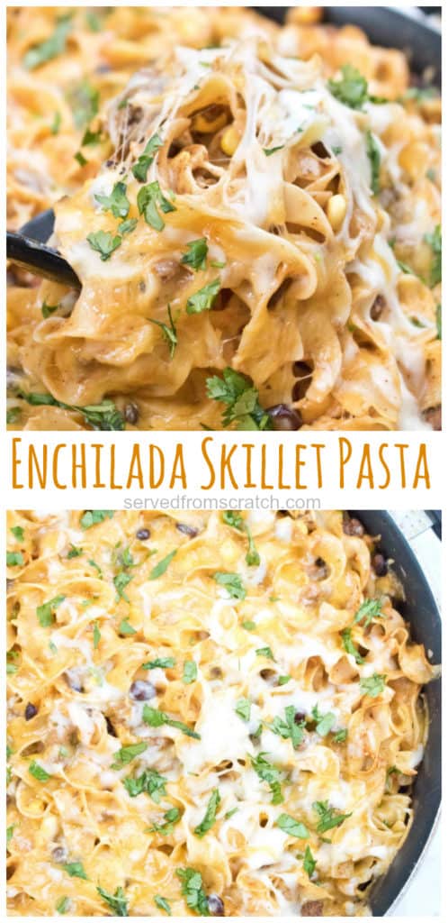 cheesy pasta in enchilada sauce scooped up with Pinterest pin text.