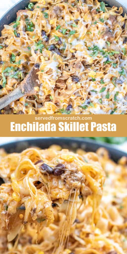 an overhead of a cheesy pasta skillet with beef and beans and a wooden spoon with Pinterest pin text with a cheesy spoonful.