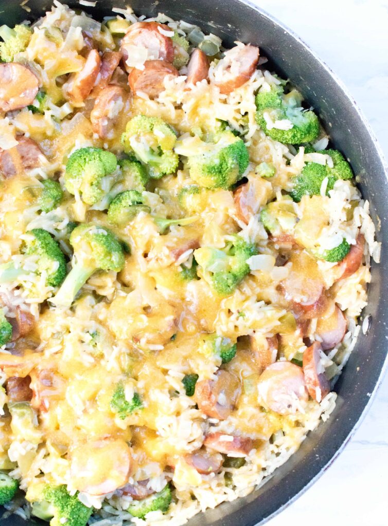 One Pot Cheesy Kielbasa, Broccoli, and Rice Served From Scratch
