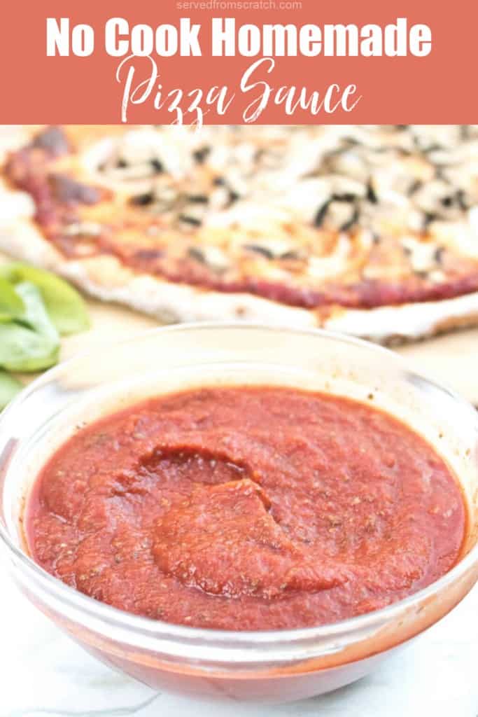 a bowl of pizza sauce in front of a pizza with Pinterest pin text.