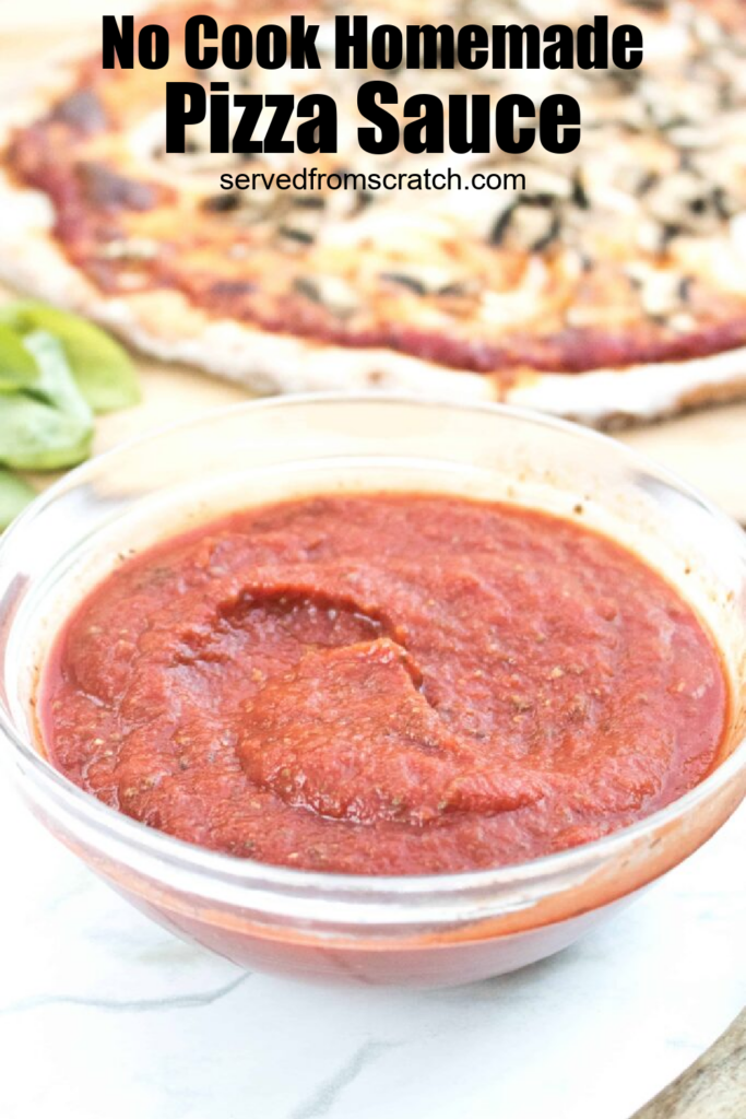 bowl of sauce in front of a pizza with Pinterest pin text.
