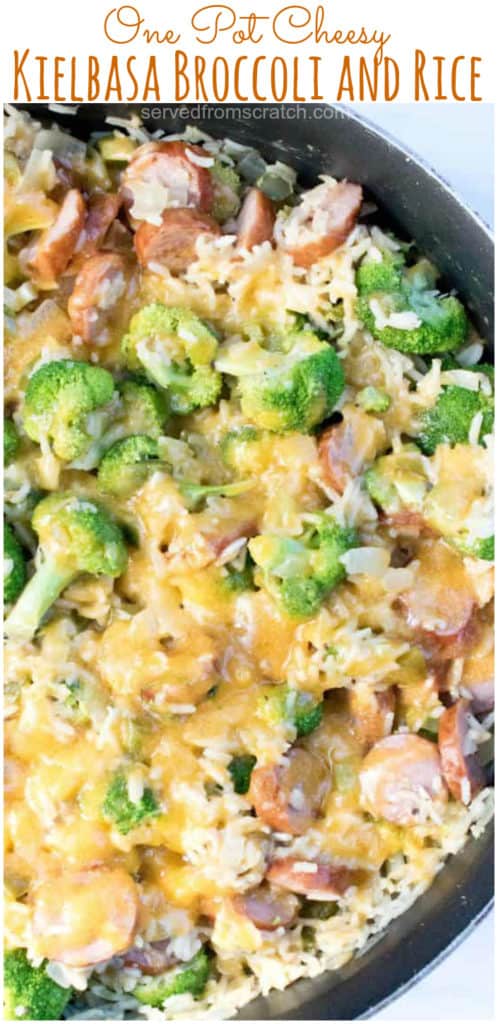 a large skillet with broccoli, rice, and kielbasa, topped with melted cheese with Pinterest pin text.