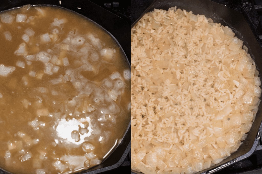 a pan with onion and stock and then cooked.