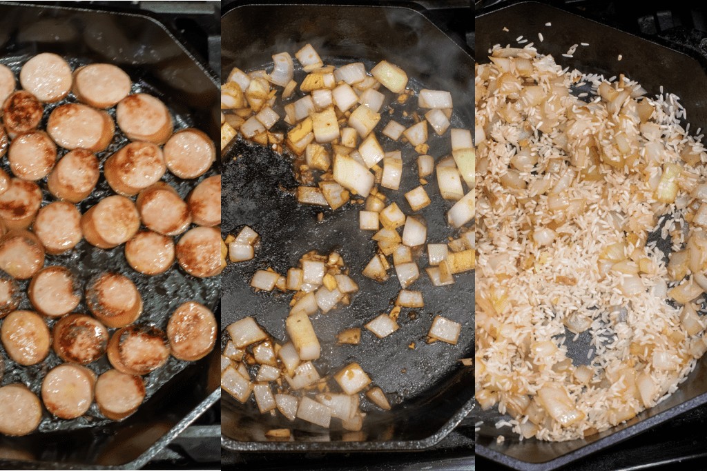 a pan of kielbasa and then a pan of garlic and onion and a pan with rice.