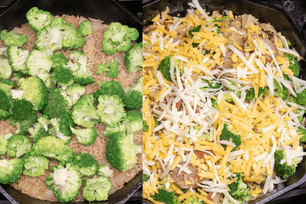 a pan with rice and broccoli and then topped with cheese.