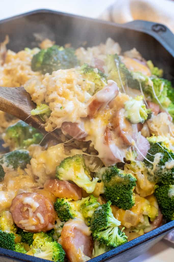 OnePot Cheesy Kielbasa, Broccoli, and Rice Served From Scratch