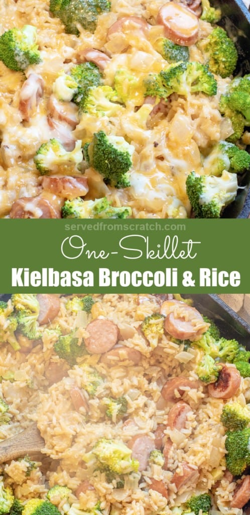 a pan with broccoli cheese, kielbasa, and rice and Pinterest pin text.